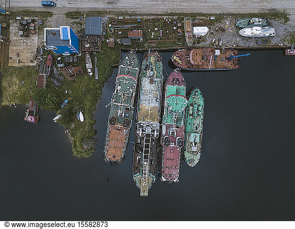 Drone view of ships in Ladoga canal at shipyard  Shlisselburg  Russia