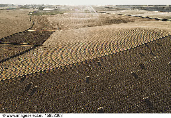 dry fields at sunset from aerial view