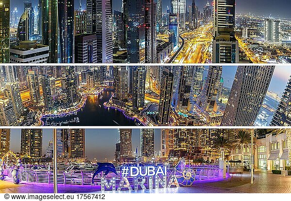 Dubai Collage Skyline Architektur Urlaub in Arabien bei Nacht in Dubai  Vereinigte Arabische Emirate  Asien