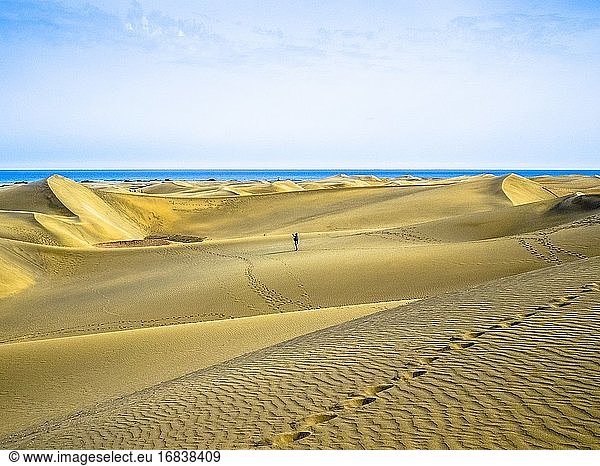 Dunas de Maspalomas (Sanddünen von Maspalomas)  Gran Canaria  Kanarische Inseln  Spanien. Die Sanddünen von Maspalomas liegen an der Südküste Gran Canarias und erstrecken sich vom Strand Playa del Ingles bis zur Playa de Maspalomas. Die Dünen erstrecken sich über eine Fläche von etwa 1000 Hektar und sind seit 1994 als Naturschutzgebiet ausgewiesen.