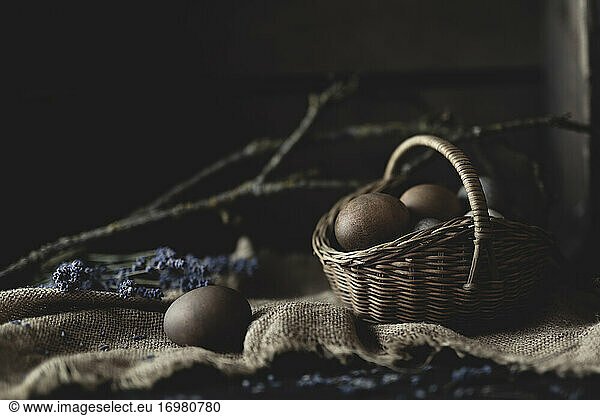 dunkelbraune Eier in einem Korb auf Sackleinen mit einem Zweig im Hintergrund