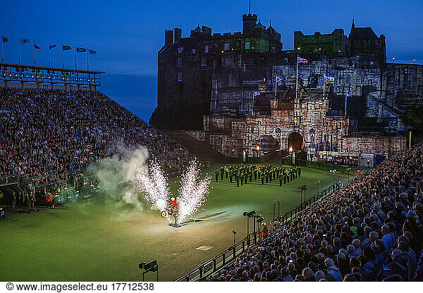During the annual Military Tattoo in Edinburgh  Scotland  motorcycle stunt drivers perform in front of Edinburgh Castle; Edinburgh  Scotland
