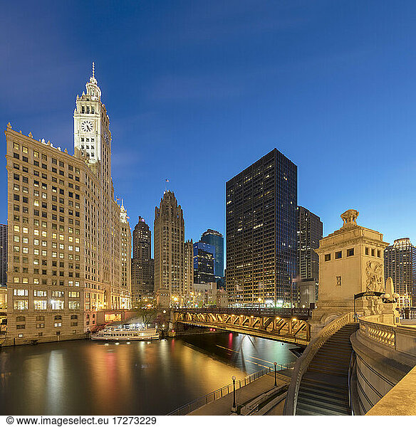 DuSable Bridge over Chicago River surrounded by buildings  Chicago  USA