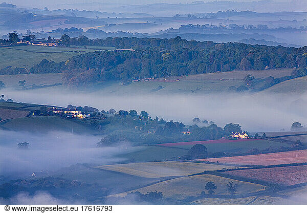 Early morning mist on hills in South Devon  around Newton Abbot  Devon  Great Britain; Devon  England