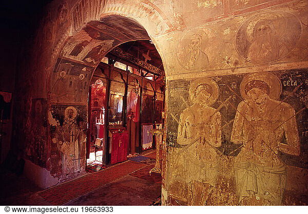 East of Antissa village stands the 16th century Moni Perivolis  situated in the middle of a riverside orchard. The interior is l