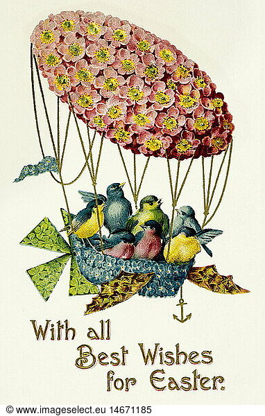 Easter  Easter card  'With All Best Wishes for Easter'  birds in a balloon  Great Britain  circa 1908