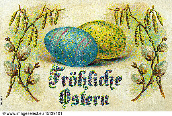 Easter  Easter postcard from 1906 with Easter eggs and catkin  'Happy Easter'  Germany