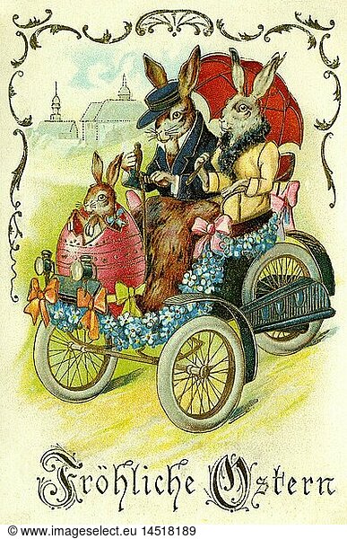 Easter  'Happy Easter'  Easter card  Easter Bunny family making an excursion  Germany  1907