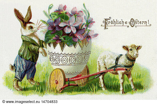 Easter 'Happy Easter' Easter card easter-bunny with eggshell full of flowers Austria 1903