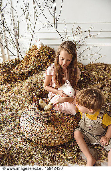 Easter kids playing with rabbits and ducks