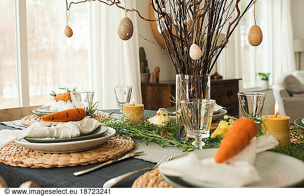 Easter table decorations ready for a celebration at home