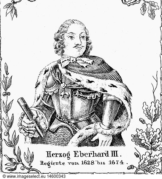 Eberhard III 'the Clement'  1364 - 16.5.1417  Count of Wuerttemberg 15.3.1492 - 15.5.1417  half length  wood engraving  19th century