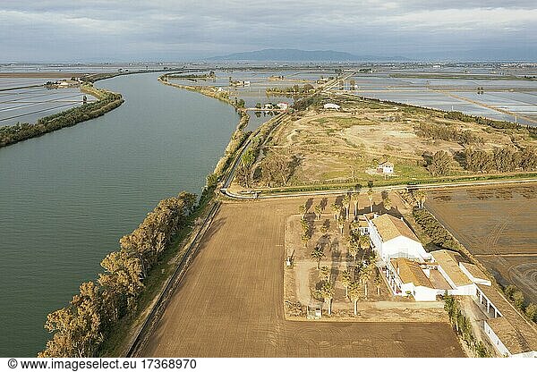 Ebro river  Tramontano farm house  flooded rice fields and a dry patch experimentally cultivated with dryland rice  aerial view  drone shot  Ebro Delta Nature Reserve  Tarragona province  Catalonia  Spain  Europe