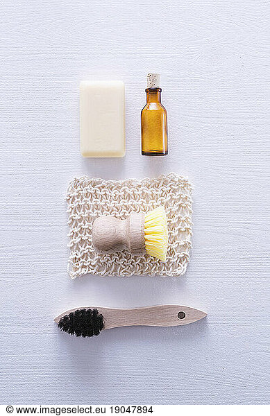 Ecologically friendly brush  cleaning rag  soap and baking soda