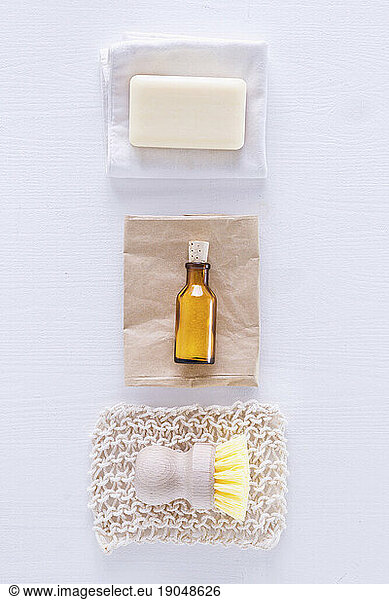 Ecologically friendly brush  cleaning rag  soap and baking soda
