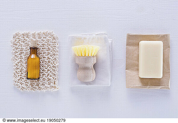 Ecologically friendly brush  cleaning rag  soap and baking soda