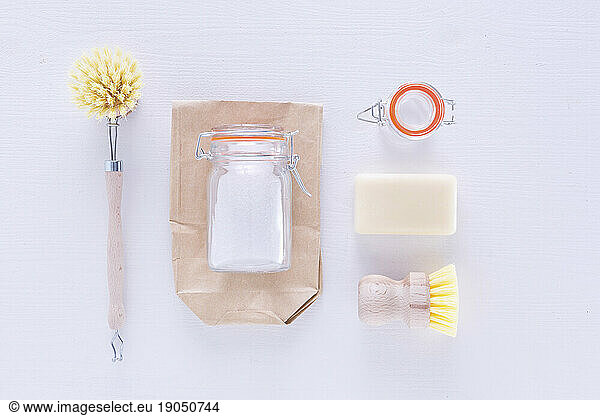 Ecologically friendly brushes  soap  cleaning powder and baking soda