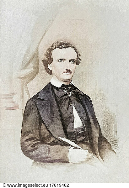 Edgar Allen Poe  1809 - 1849. Amerikanischer Schriftsteller  berühmt für Geschichten wie The Pit and the Pendalum und The Murders in the Rue Morgue. Nach einem Porträt aus dem 19. Jahrhundert. Spätere Kolorierung.