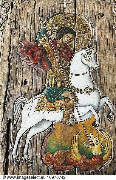 Edirne  Türkei. Gemälde auf einer Holztafel mit der Darstellung des Heiligen Georg  der den Drachen tötet  in der bulgarisch-orthodoxen St.-Georgs-Kirche.