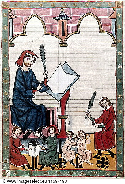 education  school  lessons  schoolmaster of Esslingen  miniature from Codec Manesse  handwriting  covering colour on vellum  Zurich  14th century  Heidelberg University  historic  historical  desk  write  writing  written  writes  wrote  quill  quills  pupil  student  pupils  students  teacher  teachers  Middle Ages  medieval  people