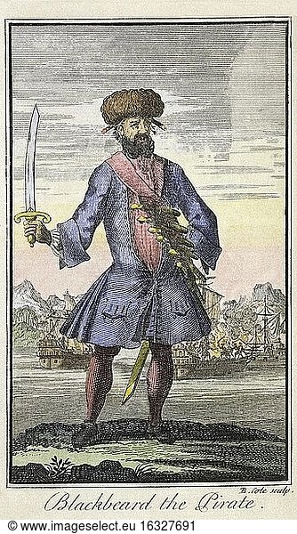 Edward Teach  ca. 1680 - 1718. Englischer Pirat  bekannt als Blackbeard. Nach einem Stich von Benjamin Cole aus dem Buch A General History of the Pyrates etc von Captain Charles Johnson  veröffentlicht 1724.