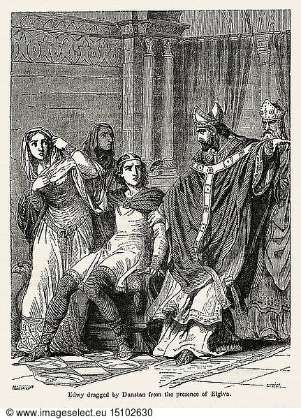 Edwy dragged by Dunstan from the presence of Elgiva  Illustration from John Cassell's Illustrated History of England  Vol. I from the earliest period to the reign of Edward the Fourth  Cassell  Petter and Galpin  1857