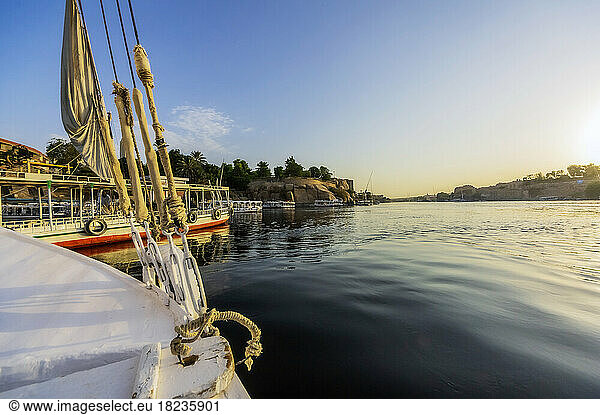 Egypt  Aswan Governorate  Aswan  Boat moored on bank of Nile