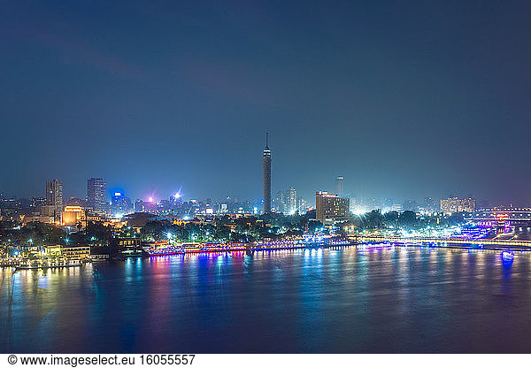 Egypt  Cairo  Nile with Cairo Tower on Gezira Island at night