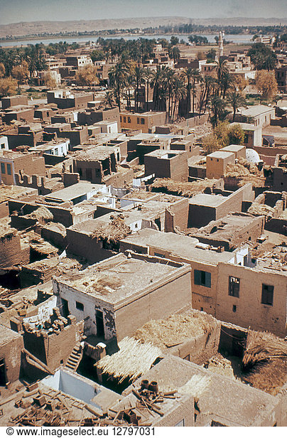 EGYPT: EDFU. Aerial view of buildings at Edfu  Egypt  looking towards the Nile River. Photographed by Eliot Elisofon  1965.