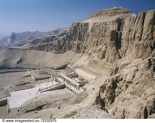 EGYPT Nile Valley Thebes Temple of Hatshepsut. Elevated view over temple and limestone cliffs