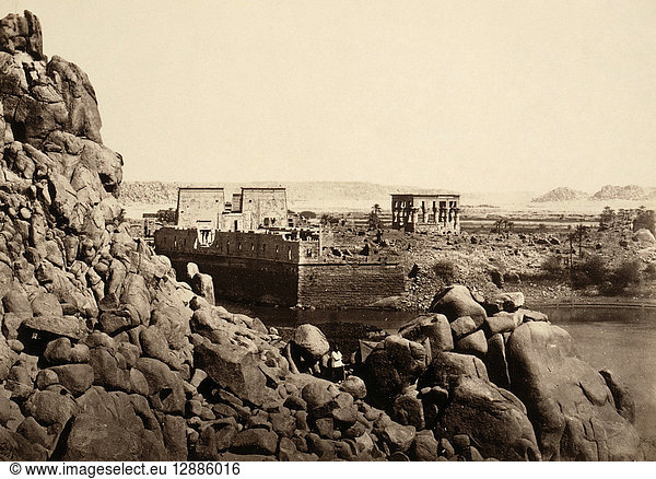 EGYPT: PHILAE  1857. Temple complex of the island of Philae on the Nile River  as viewed from the south. Photograph by Francis Frith  1857.
