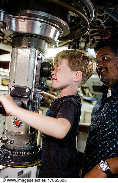 Eight Year Old Exploring Submarine with Uncle in San Diego