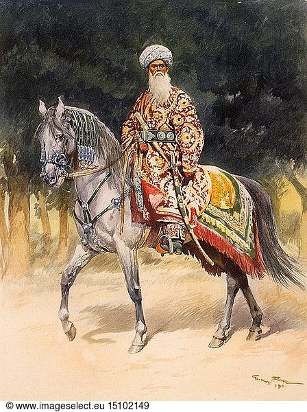 Ein bewaffneter Krieger auf einem turkmenischen Pferd in traditioneller Kleidung  Pub. 1912. Schöpfer: Deutsche Schule (20. Jahrhundert).
