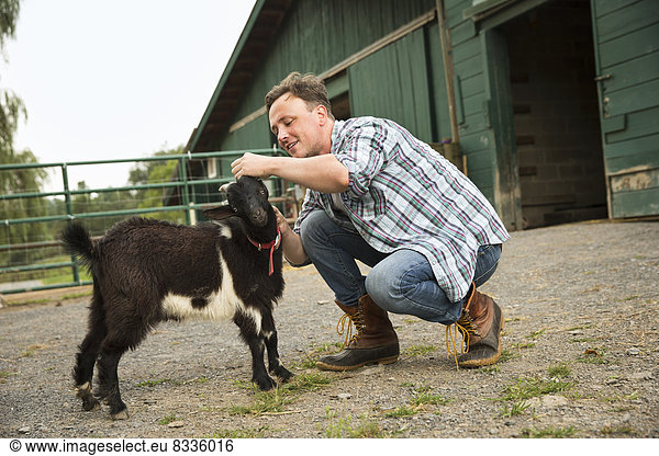 Ein Bio-Bauernhof in den Catskills. Ein Mann mit einer kleinen schwarzen Ziege.