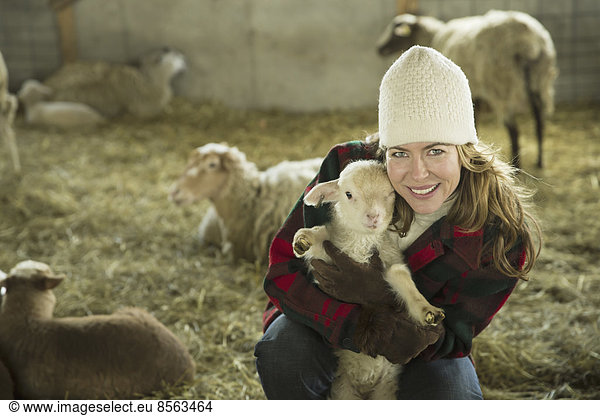Ein Biobauernhof im Winter im kalten Frühling  Bundesstaat New York. Eine Familie arbeitet und kümmert sich um das Vieh. Eine Frau  die ein kleines Lamm hält.