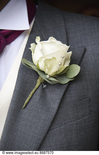 Ein Bräutigam in grauer Jacke und weißem Hemd  mit einer weißen Rosenboutonniere im Knopfloch.