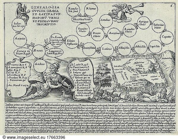 Ein Diagramm  das den Stammbaum von Anchises  einem Mitglied der königlichen Familie von Troja  zeigt. Er war der Vater von Äneas  dessen Mutter Aphrodite war. Bei Äneas verzweigt sich der Stammbaum  um zu zeigen  wie er der Vorfahre von Romulus und Remus  den Gründern von Rom  ist  historisches Rom  Italien  digitale Reproduktion einer Originalvorlage aus dem 17. Jahrhundert  Originaldatum nicht bekannt