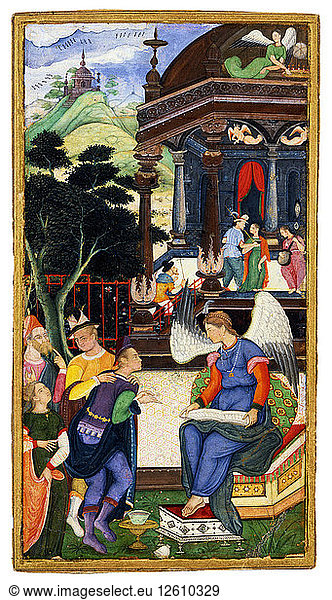 Ein Engel  der sich mit einer Gruppe von Europäern unterhält  um 1610. Künstler: Indische Kunst