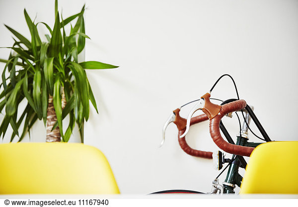 Ein Fahrrad mit roten gebogenen Lenkstangen  das an einer weißen Wand neben einer Pflanze lehnt.