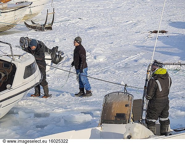 Ein Fischerboot wird vom Meereis ins offene Wasser gezogen. Winter im zugefrorenen Hafen der Stadt Ilulissat am Ufer der Diskobucht. Amerika  Nordamerika  Grönland  Dänemark.