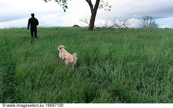 Ein Hund folgt einem Mann durch ein hohes Grasfeld an einem Frühlingstag.