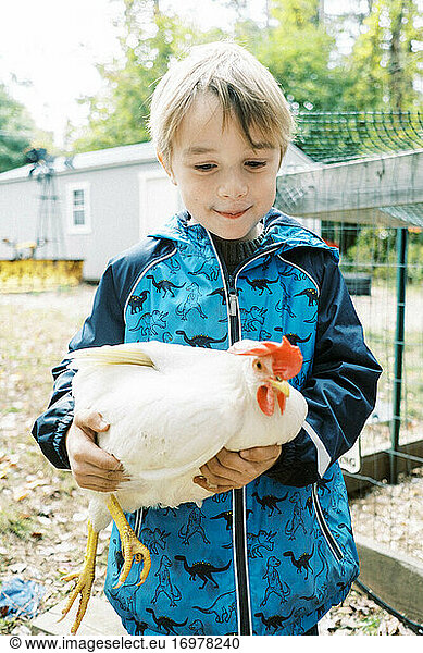 Ein kleiner Junge hält ein Huhn auf einem kleinen Familienbetrieb im Arm