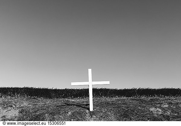 Ein Kreuz auf einem Hang  eine Grabstätte auf freiem Feld