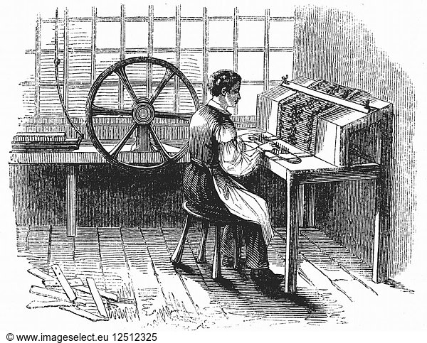 Ein Mann bedient eine Maschine  die Karten für Jacquard-Webstühle stanzt  1844. Künstler: Unbekannt
