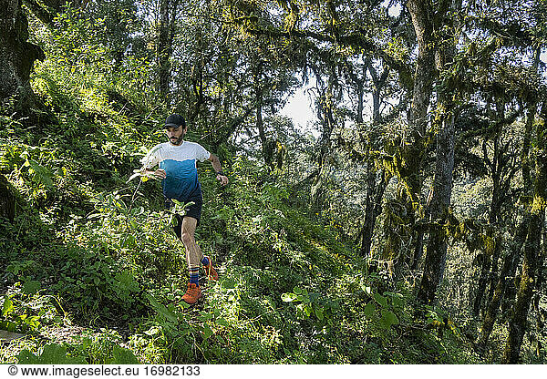 Ein Mann läuft auf einem von dichtem Wald und Vegetation umgebenen Weg
