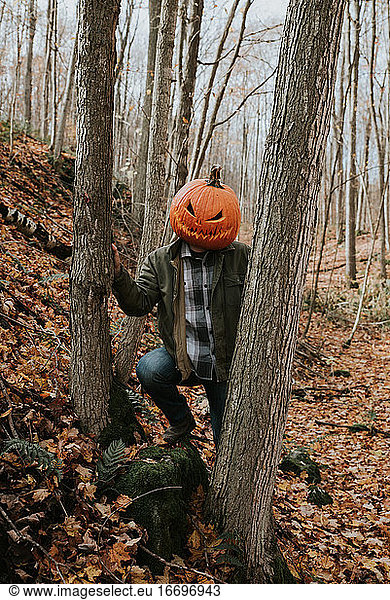 Ein Mann trägt einen gruseligen geschnitzten Kürbiskopf im Wald zu Halloween.