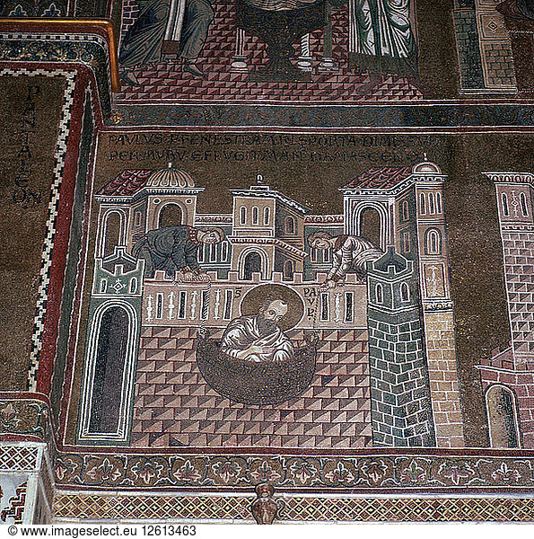 Ein Mosaik  das den heiligen Paulus auf der Flucht aus einer Stadt in einem Korb zeigt  12. Jahrhundert. Künstler: Unbekannt