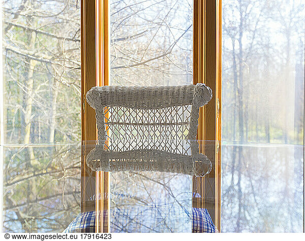 Ein Panoramafenster mit Blick auf den Wald  ein Glastisch und ein weißer Rohrsessel.