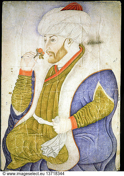Ein Porträt von Sultan Mehmet II. Seine Truppen eroberten und plünderten die Stadt Konstantinopel am 29. Mai 1453. Dieses Datum markiert den Untergang des byzantinischen Reiches. Osmanisch. 15/16. Jahrhundert. Istanbul  Türkei.
