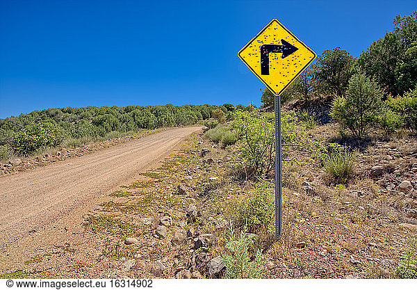 Ein Schild entlang der Forest Service Road 492  das durch rücksichtslose Schüsse zerschossen wurde  Prescott National Forest  Arizona  Vereinigte Staaten von Amerika  Nordamerika